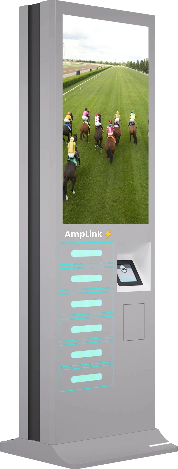 AmpLink branded charging kiosk with six PIN-locked lockers and a large digital ad display